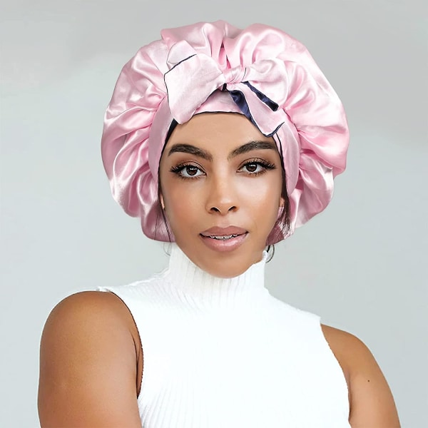 Satin Bonnet Silke Sleep Cap Hair Bonnets For Black Women Stretchy Tie Band Hår Navy Blue and Pink