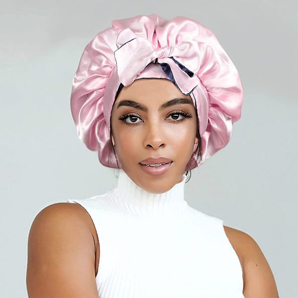 Satin Bonnet Silke Sovmössa Hår Bonnets För Svarta Kvinnor Stretch Tie Band Hår Navy Blue and Pink