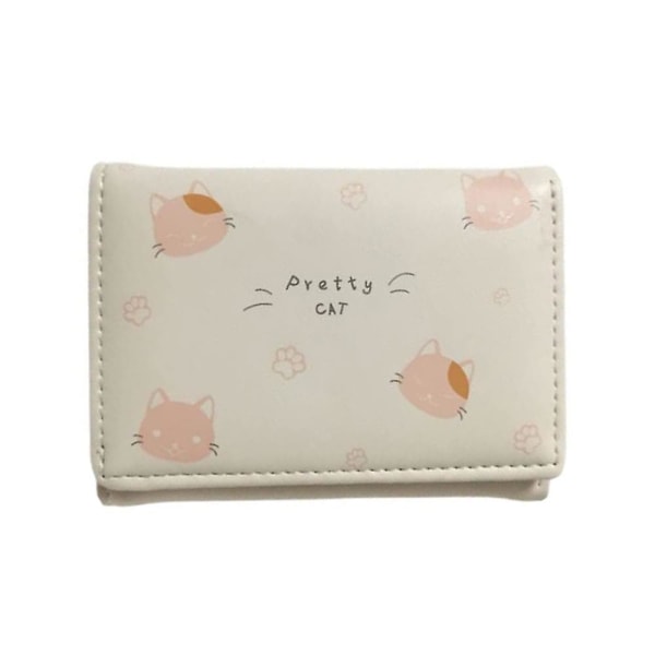 Söt Cartoon Cat Student Pu-plånbok, trendig trefaldig kort damplånbok Off-white