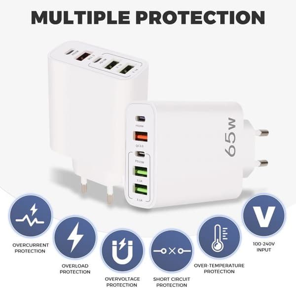 USB-C-lader, 65W 5-ports USB-C-lader med Smart QC 3.0 hurtiglading, USB-strømadapter