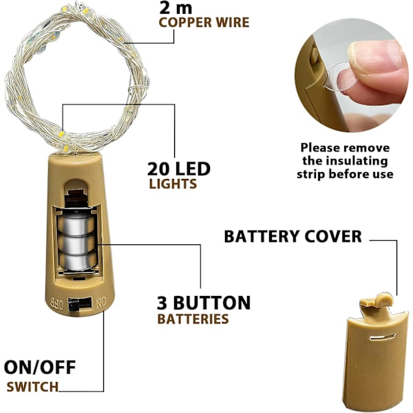 Flaske Lys, 2M 20 LED Prop Lys til Flasker, Fe Lys Batteridrevet, 6stk LED Flaske Lys til Jul DIY Borddekoration Warm White