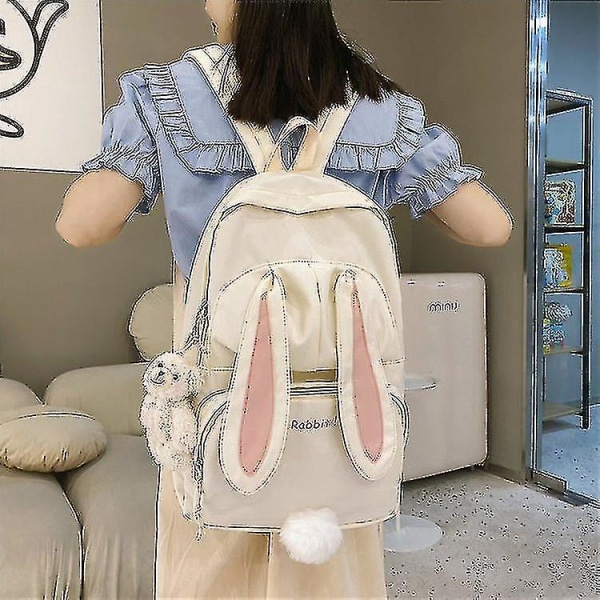 Suloinen kani nuori tyttö koulu reppu naisille suuri kapasiteetti Kawaii reppu Mochila Pink naisten reppu nylon sarjakuva koululaukku With bear doll pink