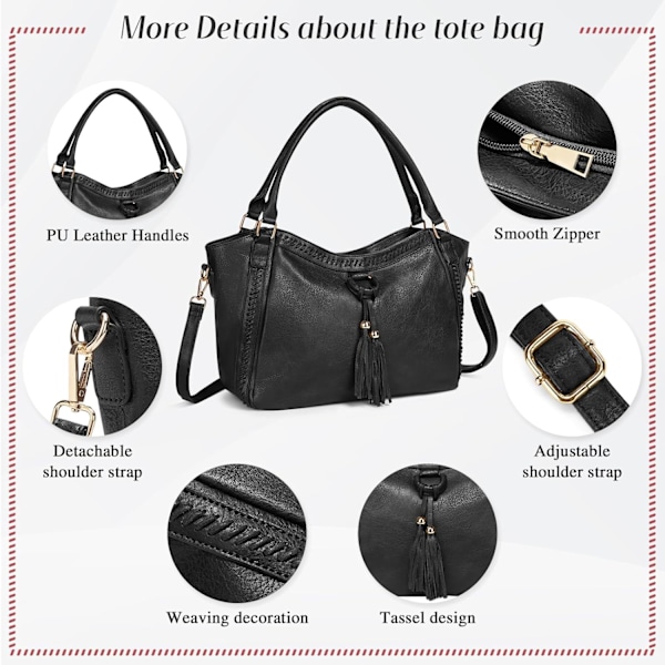 Dametasker, Frynset Shopper Taske Mode Crossbody Taske i PU Læder Håndtaske til Arbejde, Daglig Brug og Fester Black