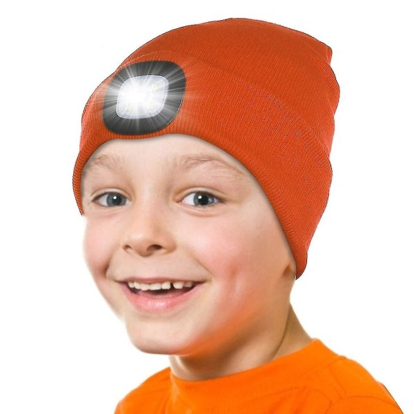 Lasten Led-valolla varustettu pipo, Ladattava 4 Led-otsalampun pipo, Neulotu pipo taskulampulla pyöräilyyn ja juoksuun Orange