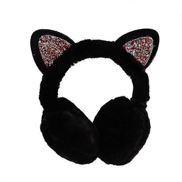 Öronmuffar med hudvänlig kattöron-design, plysch, vintervarma kattöron-muffar för utomhus Black
