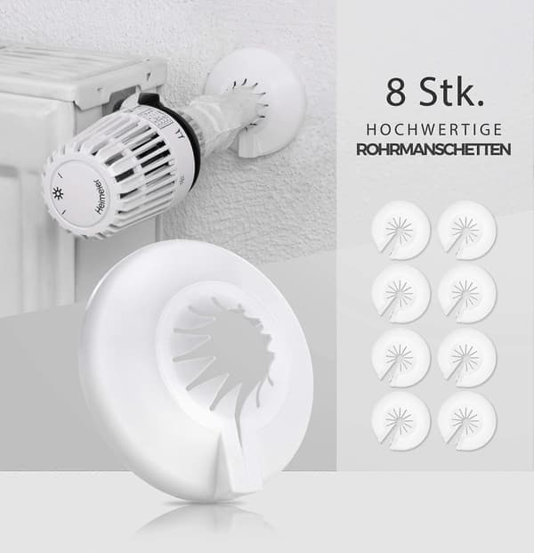Sæt med 8 radiatorrosetter, rørskjuler, plastventilroset til diametre fra 8 til 22 mm, ultrahurtig montering