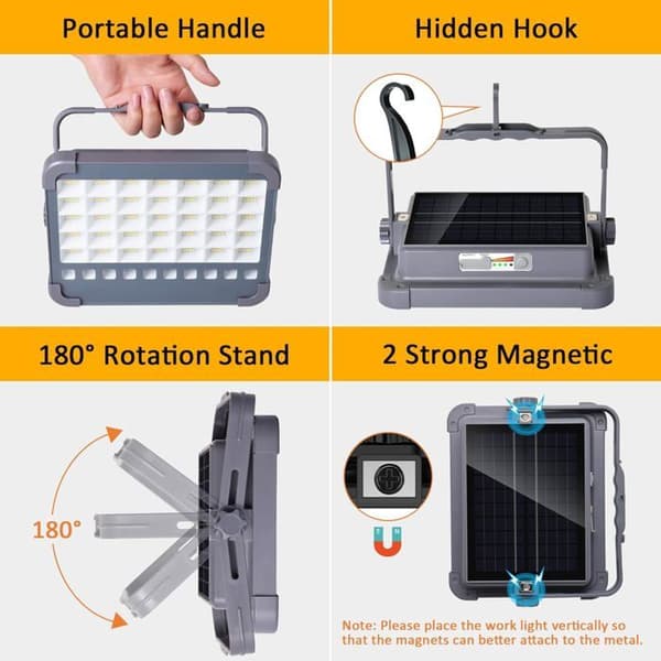 6000W Oppladbar LED Flomlys, Byggeplasslys med Solcellepanel, 5 Lysmoduser, Ideelt Arbeidslys for Camping og Byggeplasser