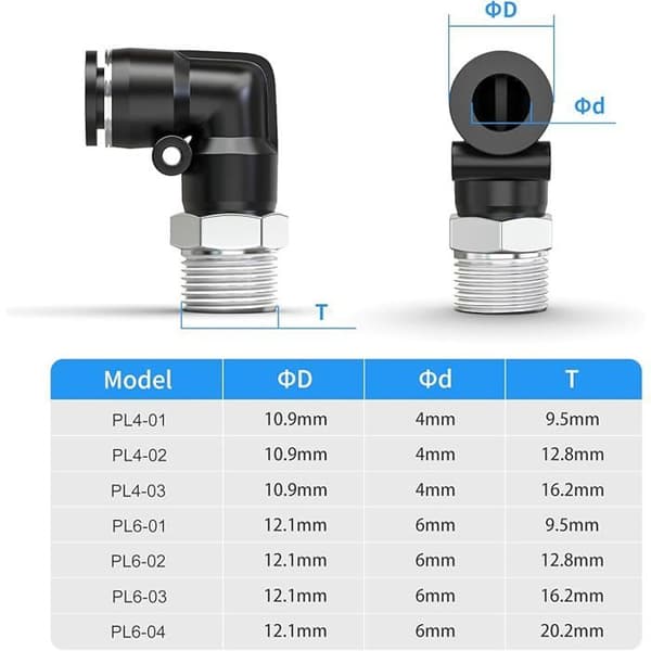 4 mm udvendig diameter han-albuefittings til rør x 1/4 tomme BSP Push to Connect PL4-02 (pakke med 2)