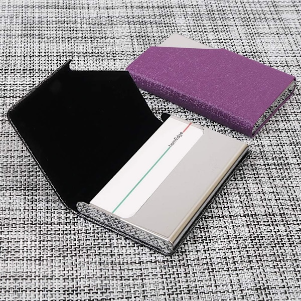 Visitkortshållare, Slim Professional 2-pack PU-läder + rostfritt stål visitkortsfodral för resor och affärer - grå och lila