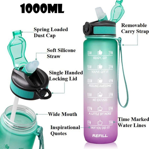 1000ml gratis motiverende med Time Marker Fitness Jugs Gradient Color Cups Utendørs frostet vannflaske Style 2