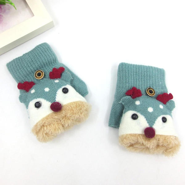 Cartoon Rentier Barnvantar Halvfinger Vinter Konvertibla Flip Top Varma Plysch Stickade Vantar Grey