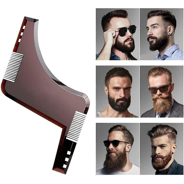 Skjeggsjablong, skjegglederform med kam, skjeggstylingsverktøy, symmetriske skjeggsjablonger og skjeggkontur Brown