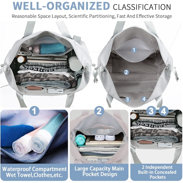 Udvidelig rejsetaske til kvinder med trolley-ærme, weekend-overnatningstaske til hospital med dobbelt skulderrem, håndbagage - lysegrå