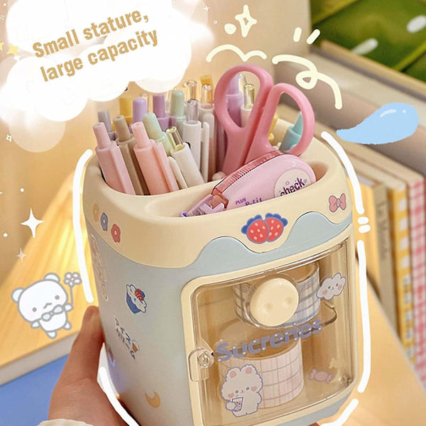 Kawaii gris penneholder sød kosmetisk opbevaringsspand Kawaii multifunktionel opbevaringsspand sød skrivebordsartikler spand (blå)