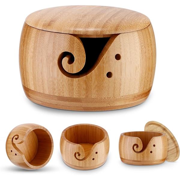 Trä stickningsskål, stickningsskålhållare, ullförvaringsskål, bambu stickningsskål med lock och elegant design, ullhållare organizer