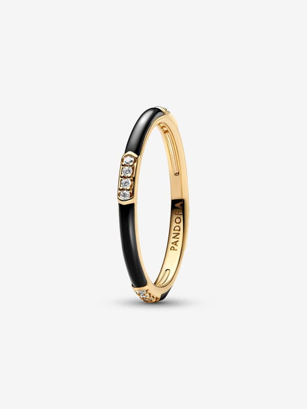 Pandora - Svart Emalj & Stenar Ring - 14k guldplätering Circumference: 56mm