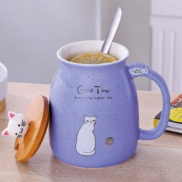 Kattmugg Söt Keramisk Kattunge Kaffekopp med Underbar Kattlock Rostfritt Stål Sked för Kaffe Te Mjölk 380ML Te Mjölk Julmugg för Kvinnor (Lila)