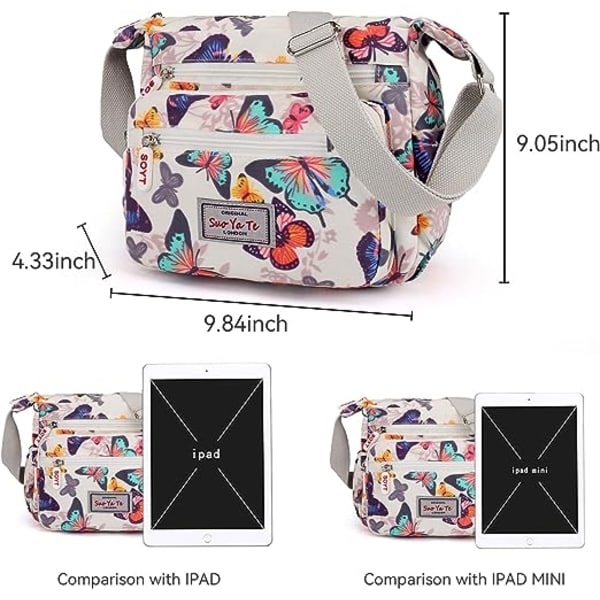 Kvinnors multificka casual crossbody handväskor vattentäta axelväskor i nylon (fjäril-vit)