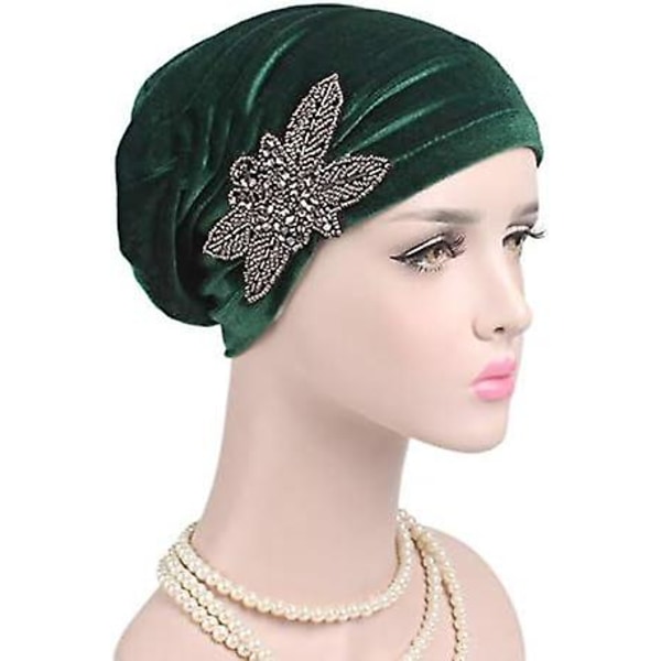 Kvinders Stretch Velvet Turban Hat Beanie Beaded Flower Hair Wrap Cap Hovedbeklædning