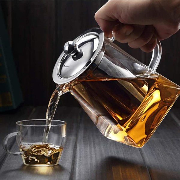 Klar glas tekande med infuser te si pot rustfrit stål i firkantet form tekande med infusere til løs te og kaffe (750ML-Square)