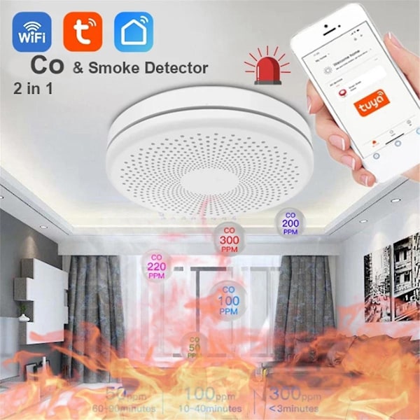 Tuya WiFi Kolmonoxid- och Röksensor 2-i-1 Rökdetektor Smart Life APP-kontroll Brandlarm Säkerhet