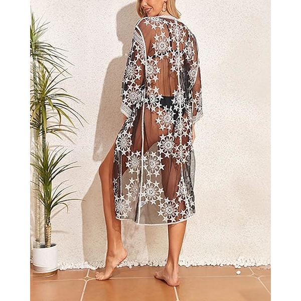 Kvinnors baddräkt Cover Up Baddräkt Kimono Lång Strandklänning Blomspets Bikini Badkläder Coverup Solskyddskläder black