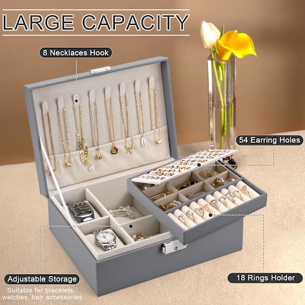 Smyckeskrin för kvinnor, 2-lagers stort smyckeskrin med 2 klockkuddar, PU-läder, för örhängen, ringar, halsband, grått