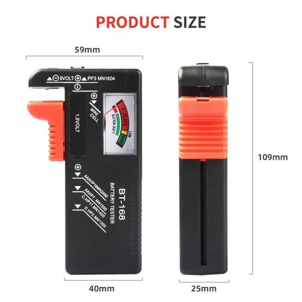 Universal batteritester til AA, AAA, C, D, 9V og 1,5V (knapcelle) batterier