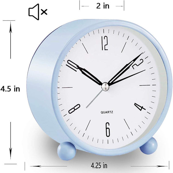 Analoginen herätyskello, 4 tuuman superhiljainen ei-tikittävä pieni kello yövalolla, paristokäyttöinen, Skyblue