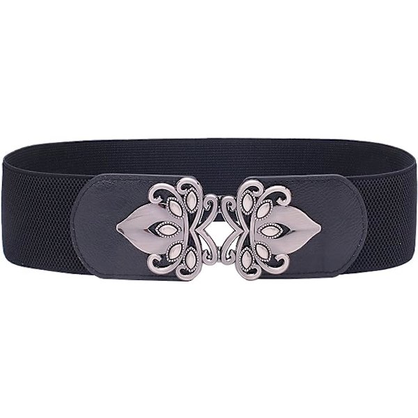 Dam Vintage Bred Elastisk Stretch Midjebälte Retro Cinch Bälte, Svart