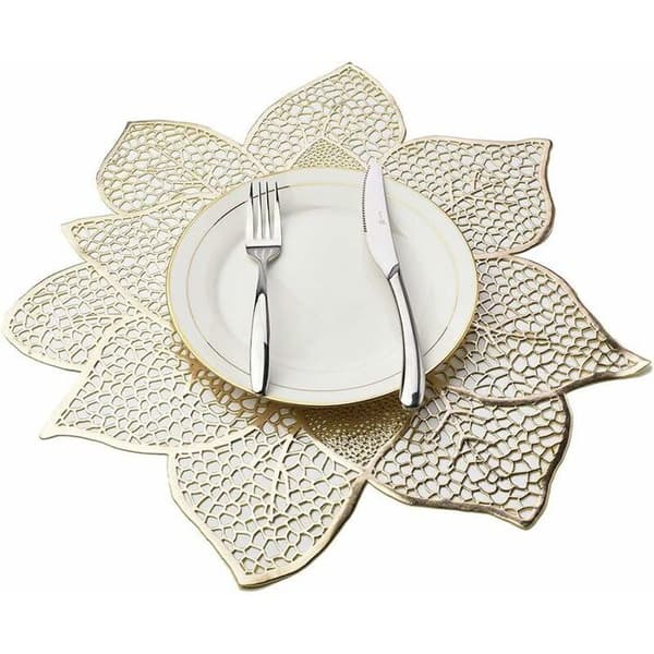 Sett med 6 vaskbare, isolerende spisebrikker, blomsterstil, PVC, gull, 44 x 46 cm