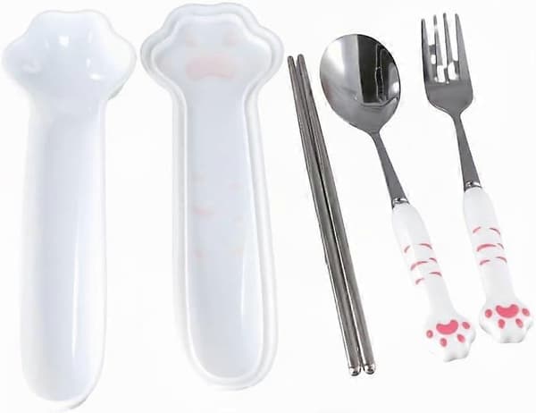 3-delad tecknad söt kattklo sked gaffel pinnar set utomhus camping bärbart servis set (2 delar) Pink