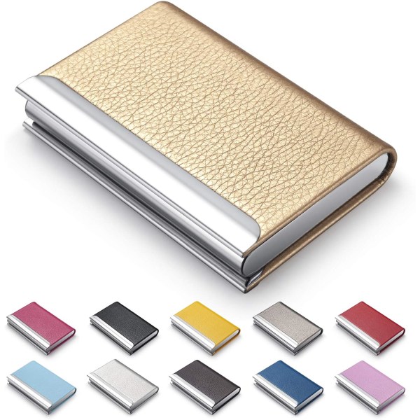 Visitkortholder, luksus PU-læder visitkortetui - Pung kreditkort-id-etui, slank metallommekortholder med magnetisk lukke (guld)