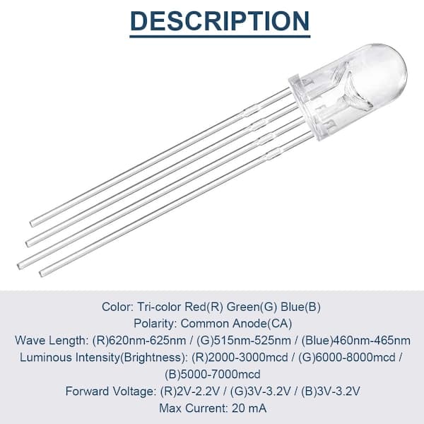 100 stk. 5mm LED lysdiode fælles anode DC 3V 20mA RGB trefarvet (rød/grøn/blå)