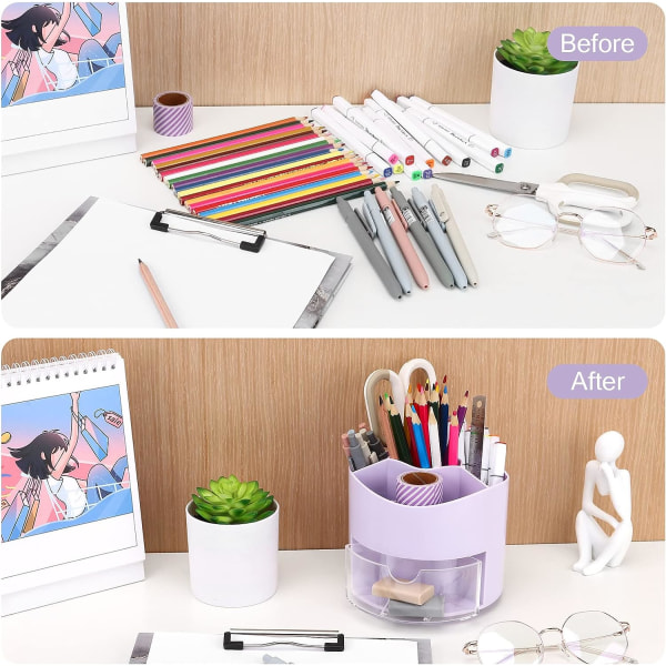 Pyörivä kynäteline, 4 lokeroa kynäkotelo – pöytäpaperien säilytys meikkisiveltimien pidike kotiin ja toimistoon, kynän pidike (violetti)