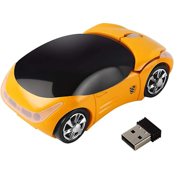 2.4 GHz:n langaton hiiri, hieno 3D-urheiluauto, ergonominen optinen hiiri USB-vastaanottimella PC-kannettavalle tietokoneelle, naisille, pienille käsille (keltainen)