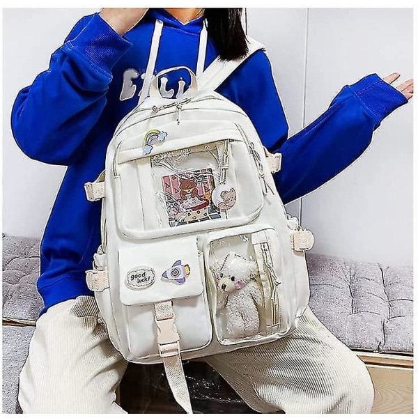 Æstetiske skoletasker med Kawaii-nål og sødt tilbehør Kawaii-rygsæk til teenagepiger (hvid)