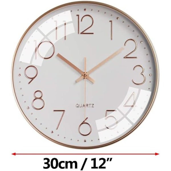 12 tommers stille, ikke-tikkende veggklokke 30 cm moderne kvarts sveip batteridrevet veggklokke for hjem stue soverom kontor kjøkken skole White-rose Gold