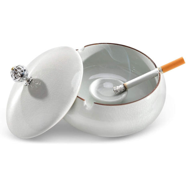 Udendørs Askebæger Med Låg, Keramisk Cigar Askebæger Lukket Anti Lugt Design Marokkansk Stil Til Udendørs Have Terrasse Hvid
