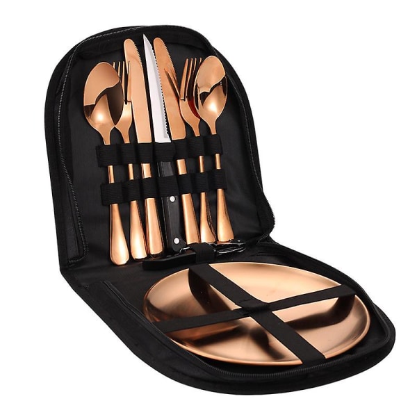 Camping sæt med etui, Camping Mess Kit, Rejse bestik sæt, Camping bestik til at spise, Bærbart bestiksæt rose gold