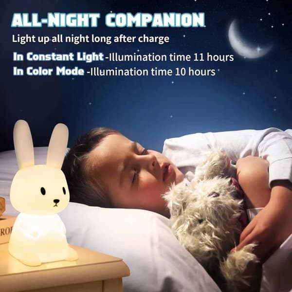 Kanin-natlampe til baby med 7 lysskift, trykstyring, USB genopladelig, timerfunktion, sengelampe