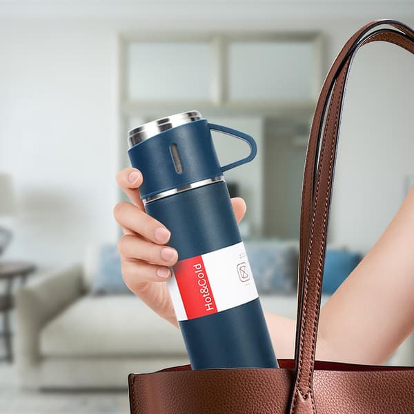 500 ml isolerad termosflaska med 2 extra muggar i rostfritt stål, läcksäker kaffetermosmugg för resor Blue