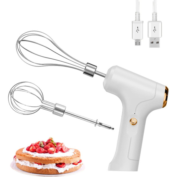 Elektrisk handvisp, USB-laddningsbar, äggvisp med 2 avtagbara vispar med 3 hastighetslägen White