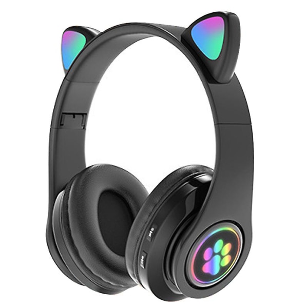 Bluetooth 5.0 trådlösa hörlurar söta LED-blixt kattöron huvudmonterade headset inbyggd mikrofon Hifi-hörlurar Black