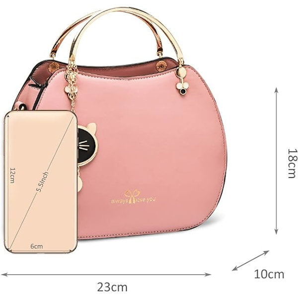 Dammode Handväska med Topphandtag, Axelremsväska, Runda Axelväska för Flickor och Kvinnor, PU-Läder Messenger Bag, Söt Handväska med Kattberlock Pink