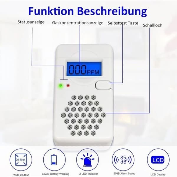 Kolmonoxiddetektor med digital LCD-skärm, CO-detektor med utbytbart batteri