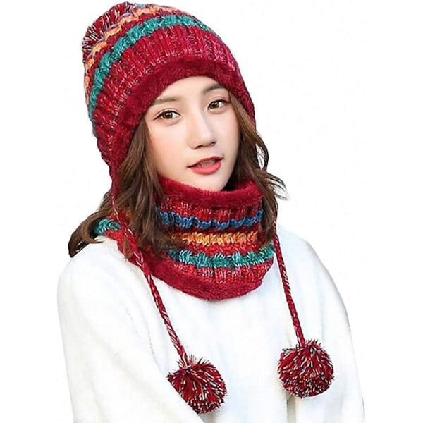 Neulehattuhuivisetti Talvi Lämmin Paksu Virkattu Pom Pom Beanie Hat Cap Ulkoilu Hiihto Lumilautailu Pyöräily Pom Pom Hemming Hatut Fleecevuorilla