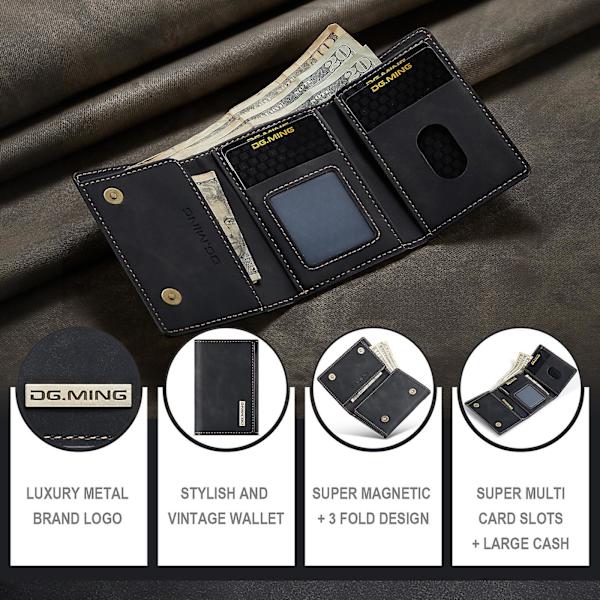 Dg.ming M1-serien PU-läder magnetisk absorption stängning Tri-fold ficka plånbok kontantkort hållare myntväska Black