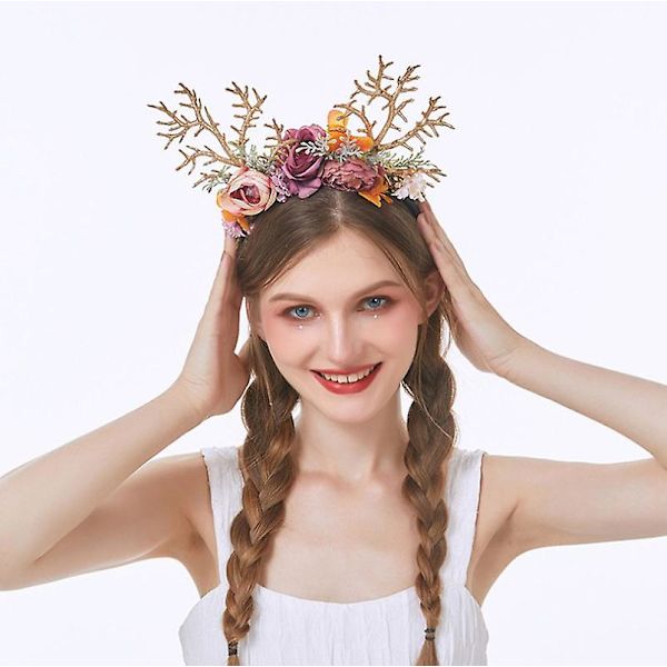 Hodebånd med reinsdyrgevir og blomster - Julehårtilbehør - Elggevirhodeplagg - Julehatt - Elghodeplagg - Barn og voksne - Festfotorekvisitter - Kostyme A
