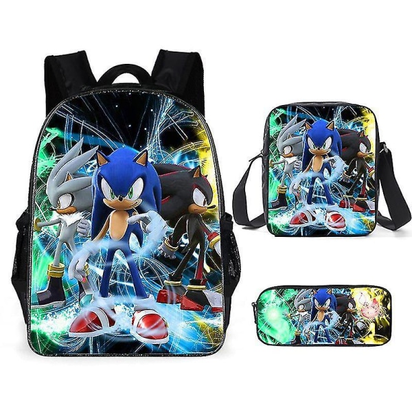 Sonic Primary School Skole Taske Tredelt Sæt Anime Tegneserie Rygsæk Skuldertaske Blyantsæske pencil case 24